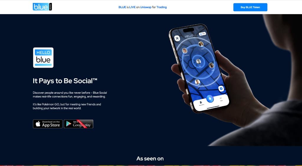 Blue Social hero page with app store download CTAs and map discovery UI